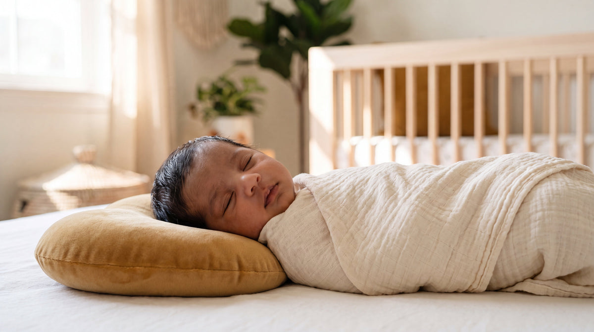 Indian newborn resting comfortably on a soft SafeKido baby head shaper pillow in a bright nursery.