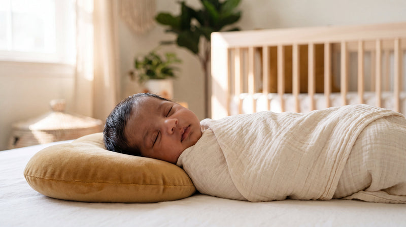 Indian newborn resting comfortably on a soft SafeKido baby head shaper pillow in a bright nursery.