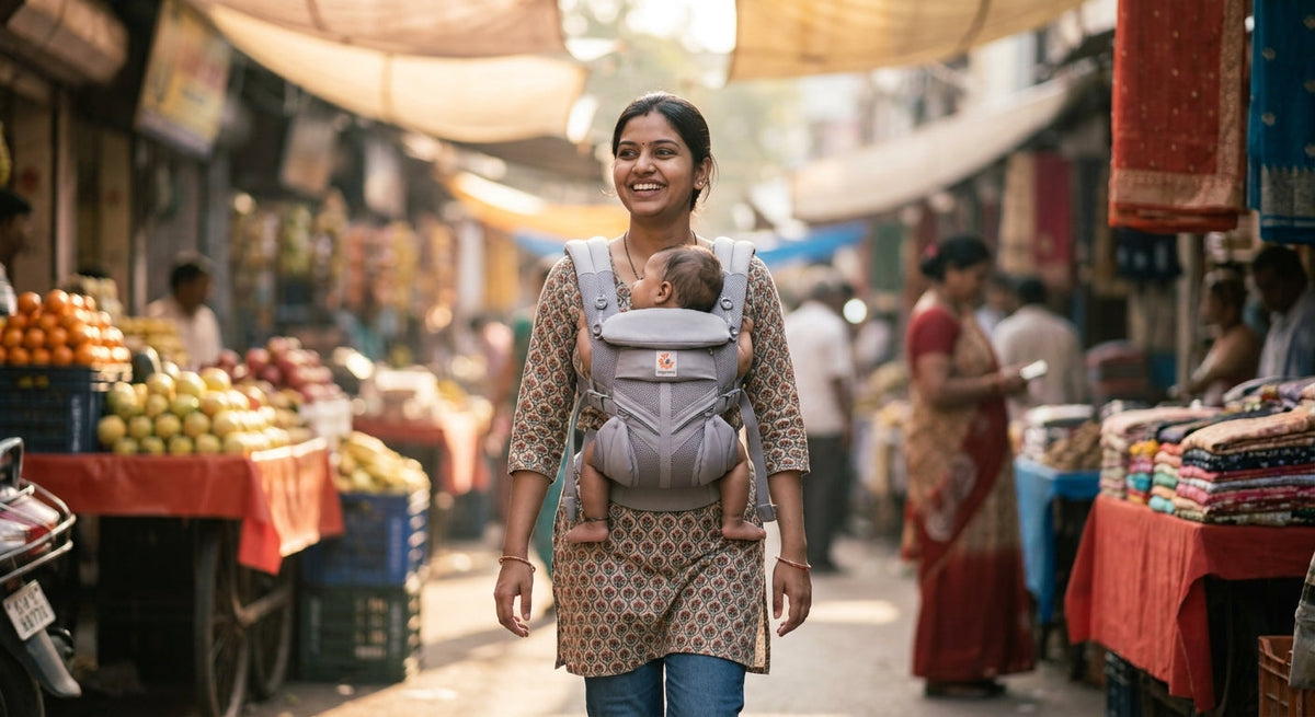  Indian mother carrying her baby in an ergonomic SafeKido baby carrier while walking through a busy market.