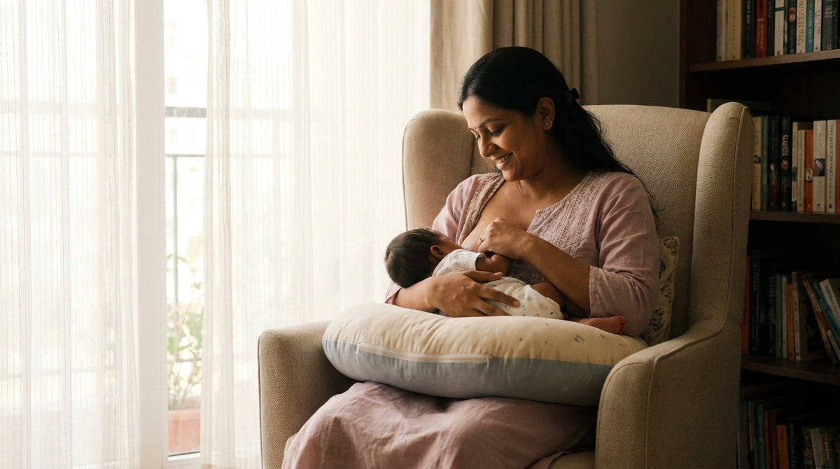 Indian mother comfortably breastfeeding her newborn supported on a SafeKido nursing pillow