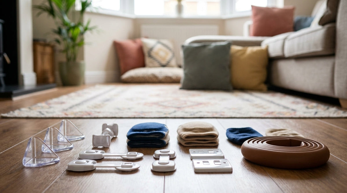 Complete SafeKido baby proofing kit with corner guards, socket covers, and safety locks laid out at home.