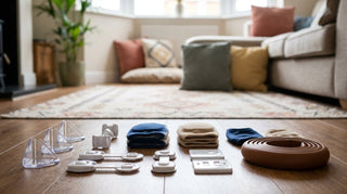 Complete SafeKido baby proofing kit with corner guards, socket covers, and safety locks laid out at home.