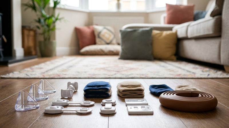 Complete SafeKido baby proofing kit with corner guards, socket covers, and safety locks laid out at home.