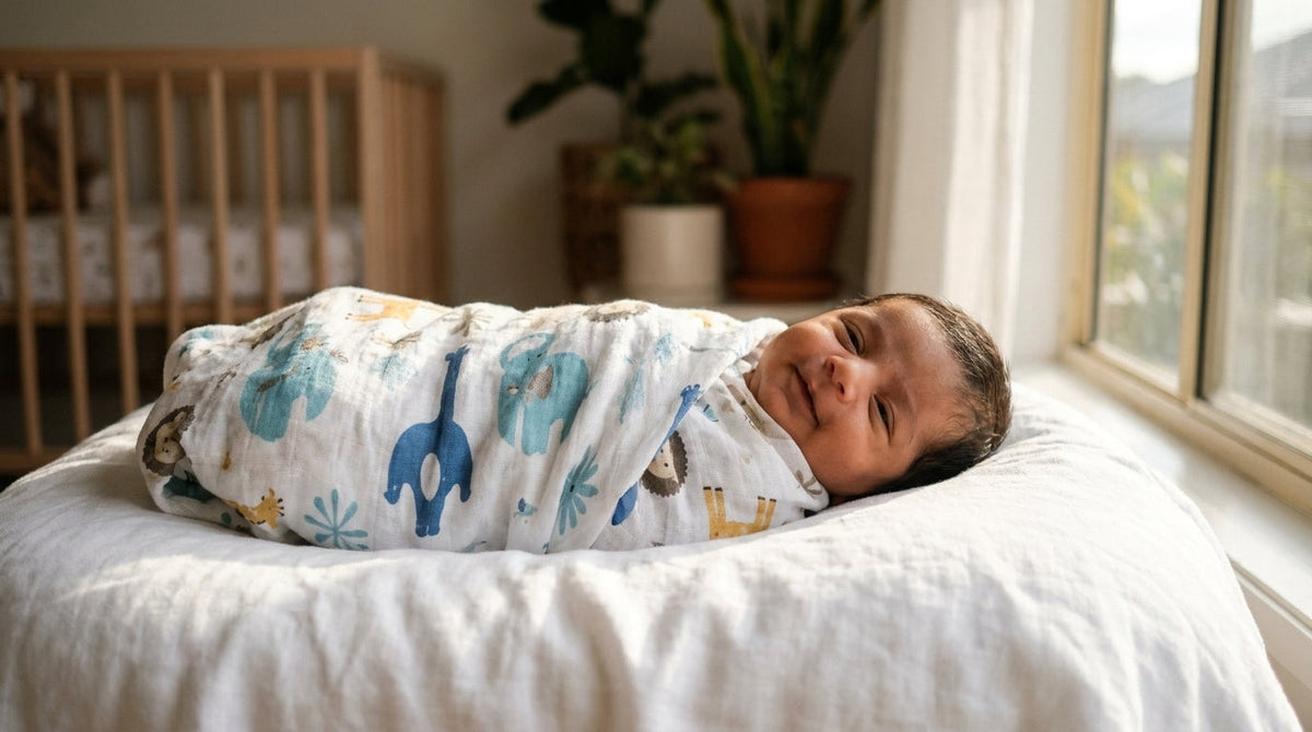 Indian newborn snugly wrapped in a breathable SafeKido cotton muslin swaddle blanket