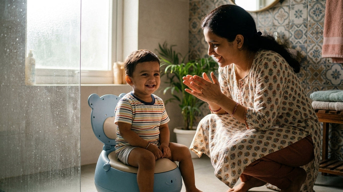 Parent encouraging a toddler during potty training at home in India