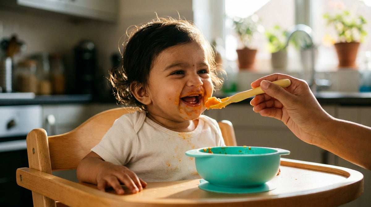 Indian baby being spoon-fed solids with a silicone spoon and suction bowl