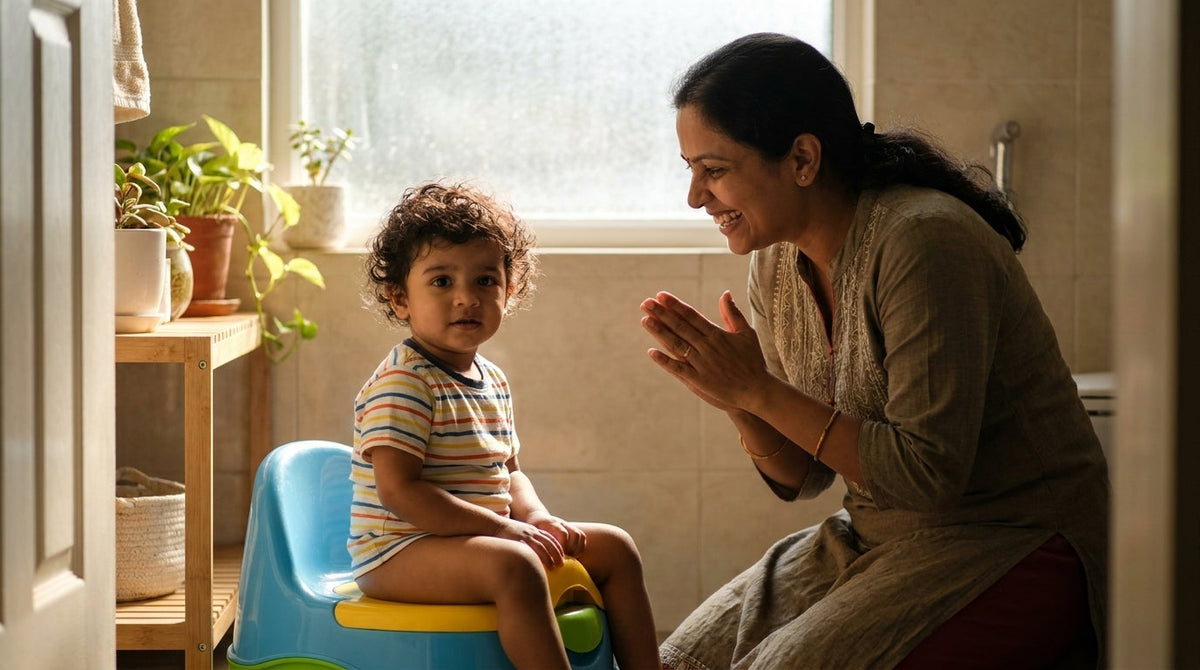 Parent encouraging a toddler during potty training at home in India