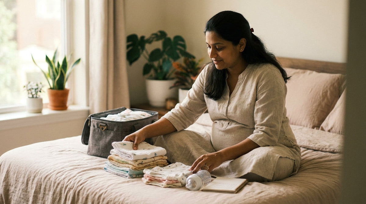 Pregnant Indian mother organising a baby shopping checklist before delivery