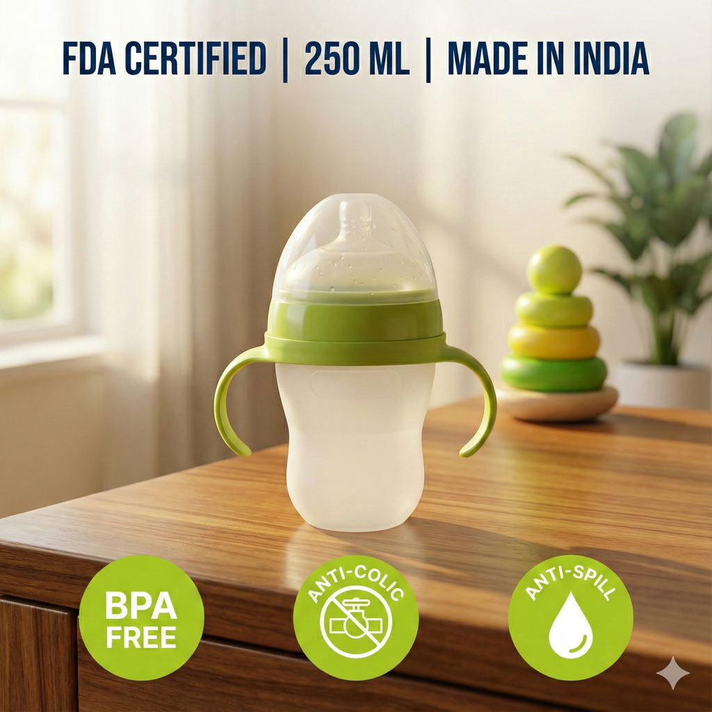 Safekido Premium Transparent Silicon Feeding Bottle with handles (250 ml)