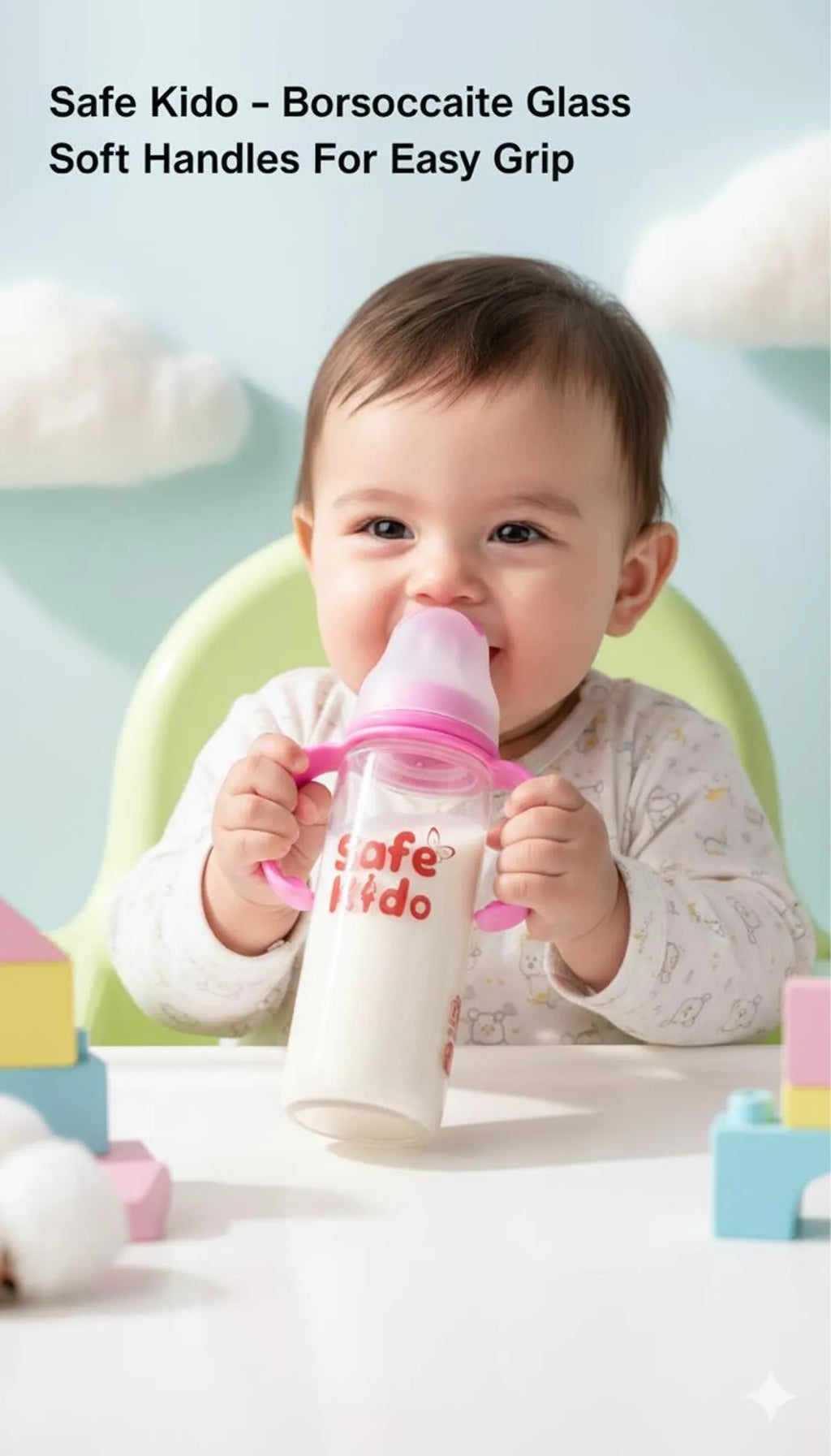 Safekido Borosilicate Slim Glass Feeding Bottle ( 240 ml)