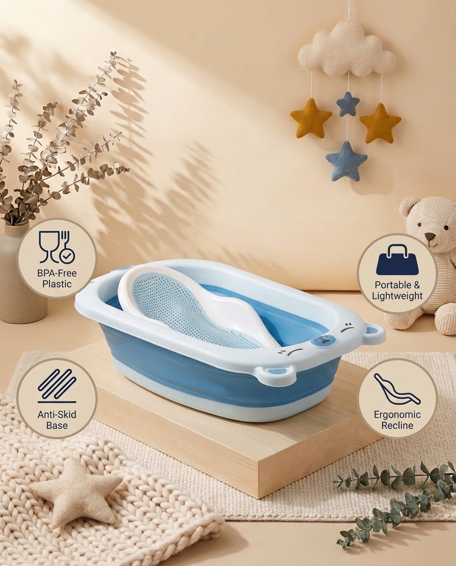 SafeKido Anti-Slip Bath Tub with Seat in Blue — anti-slip base and moulded seat for supervised bathing — key features