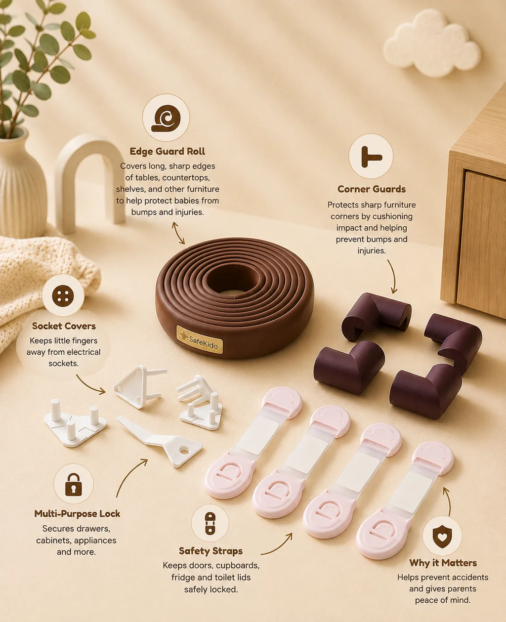 SafeKido Baby-Proofing Safety Kit — socket covers, corner guards, edge roll and straps in one kit — key features