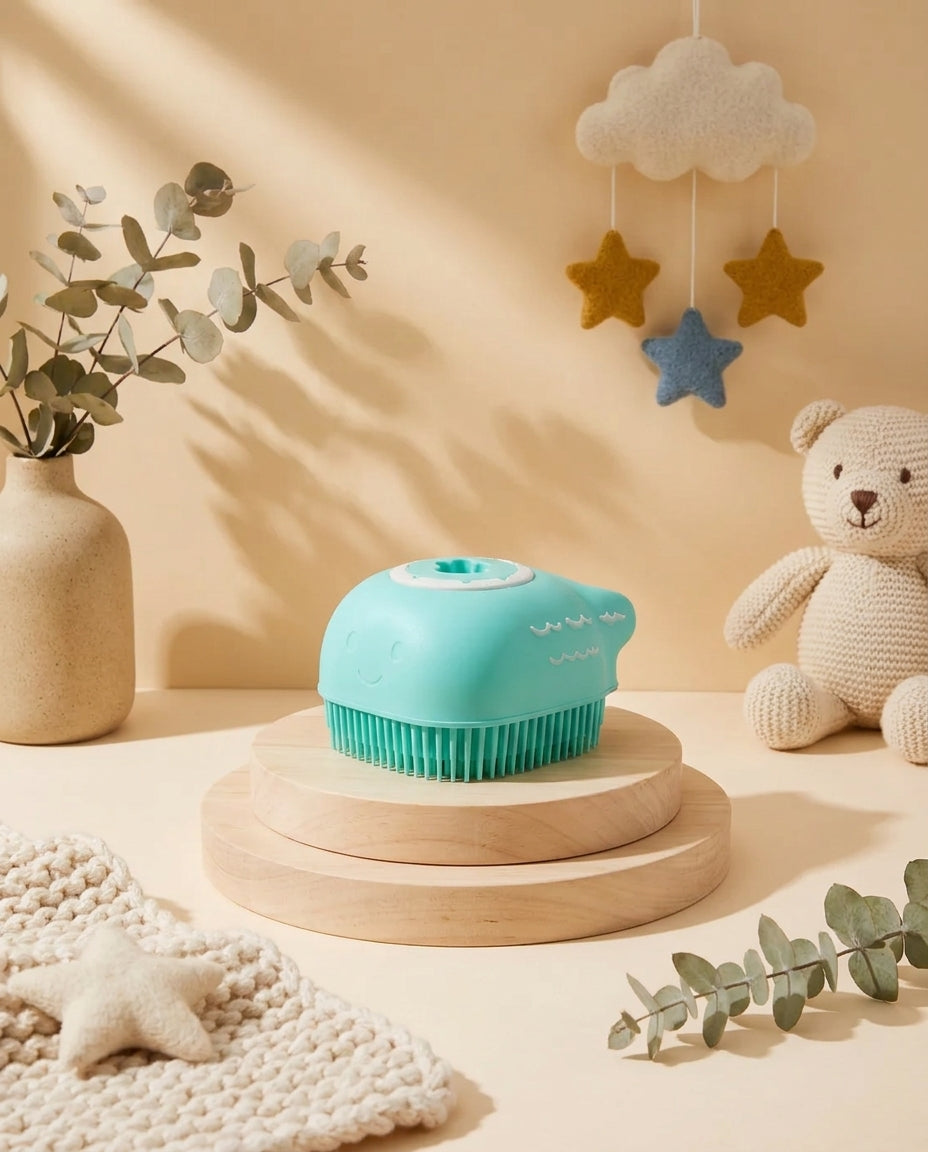 SafeKido Silicone Baby Scrubber with Soap Dispenser in Blue — soft silicone bristles with a built-in soap dispenser