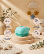 SafeKido Silicone Baby Scrubber with Soap Dispenser in Blue — soft silicone bristles with a built-in soap dispenser — key features