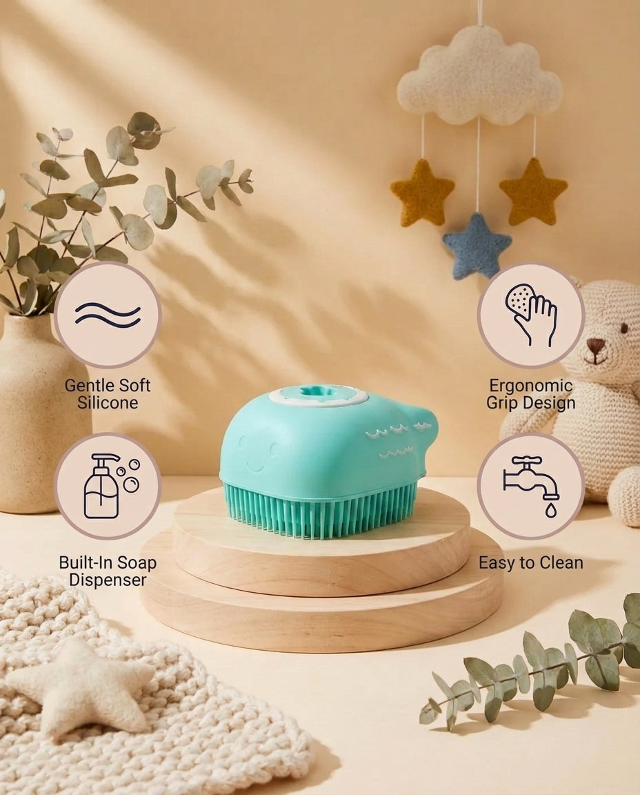 SafeKido Silicone Baby Scrubber with Soap Dispenser in Blue — soft silicone bristles with a built-in soap dispenser — key features