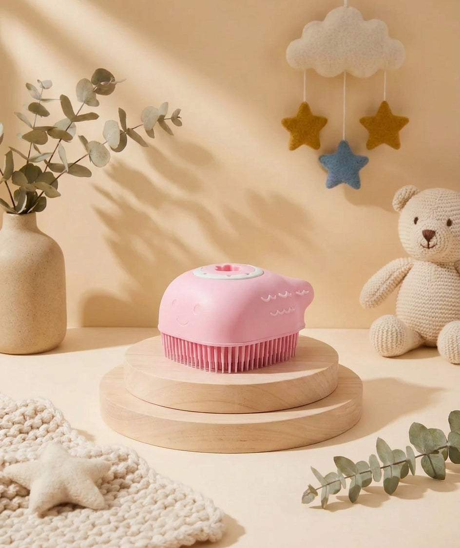 SafeKido Silicone Baby Scrubber with Soap Dispenser in Pink — soft silicone bristles with a built-in soap dispenser