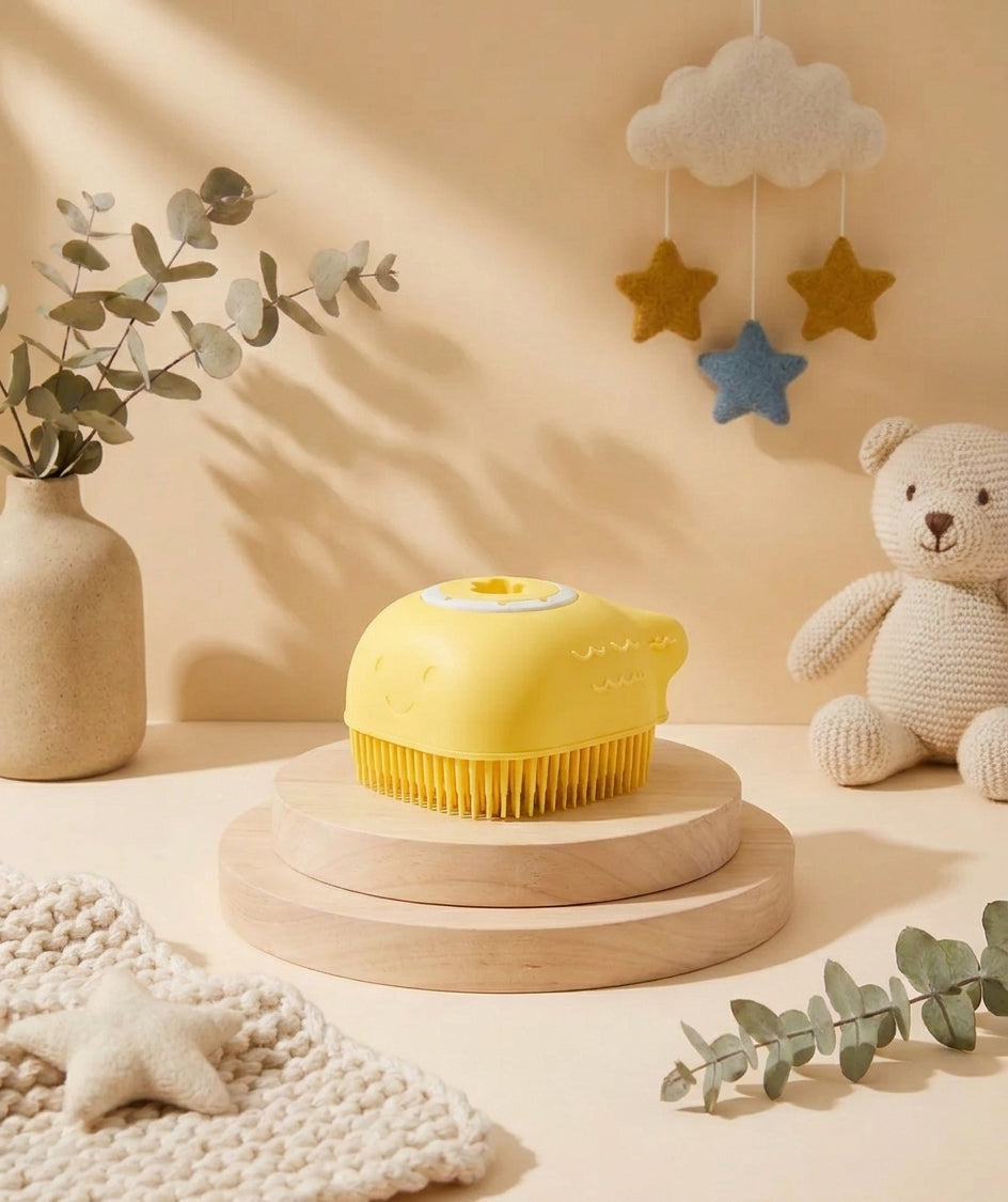 SafeKido Silicone Baby Scrubber with Soap Dispenser in Yellow — soft silicone bristles with a built-in soap dispenser