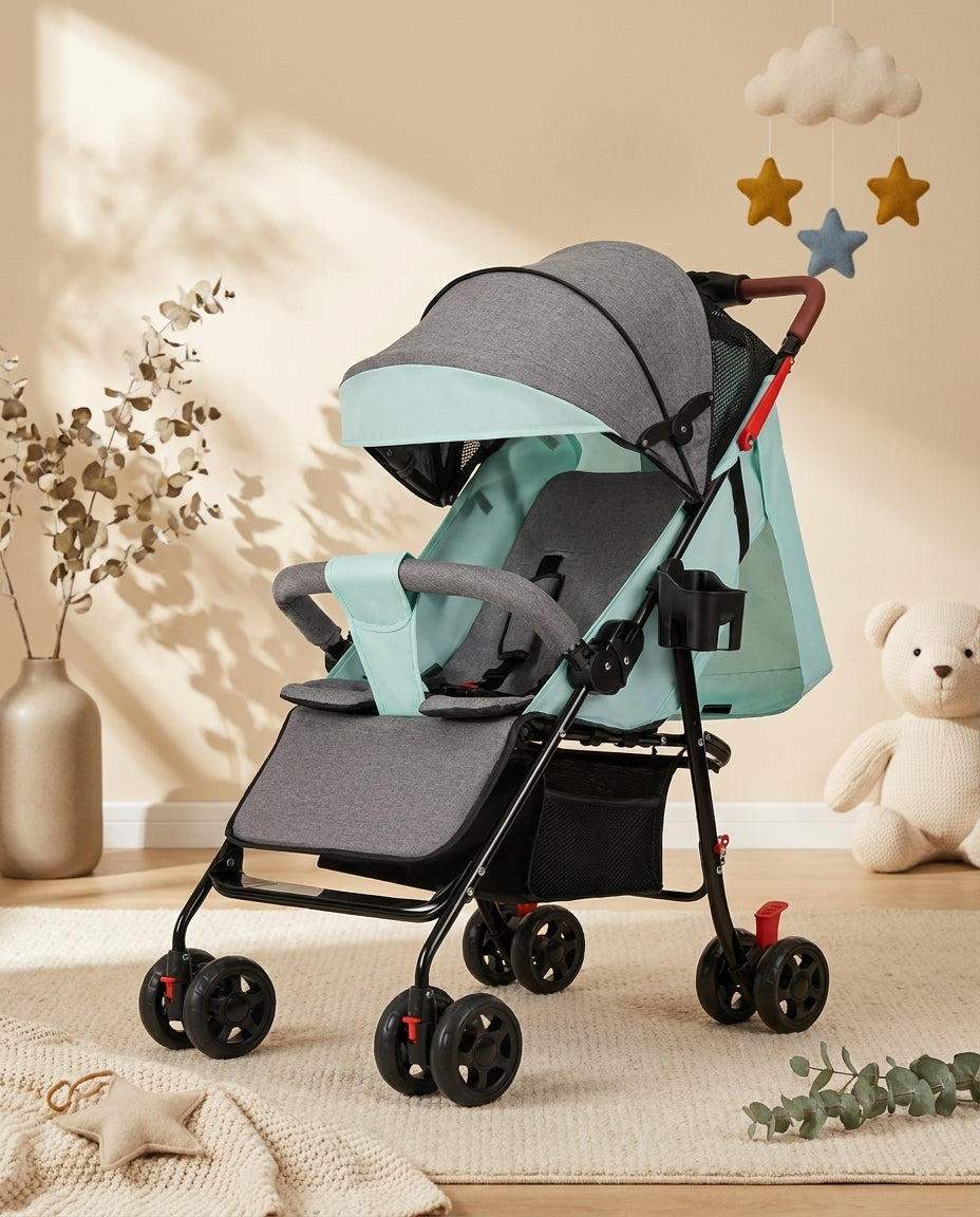 SafeKido Joy Ride Foldable Stroller in Blue — 5-point harness with a one-hand fold