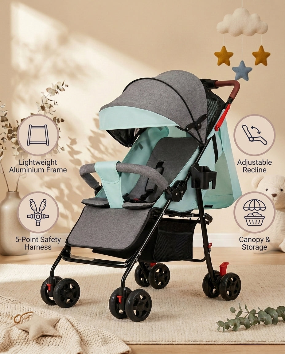 SafeKido Joy Ride Foldable Stroller in Blue — 5-point harness with a one-hand fold — key features