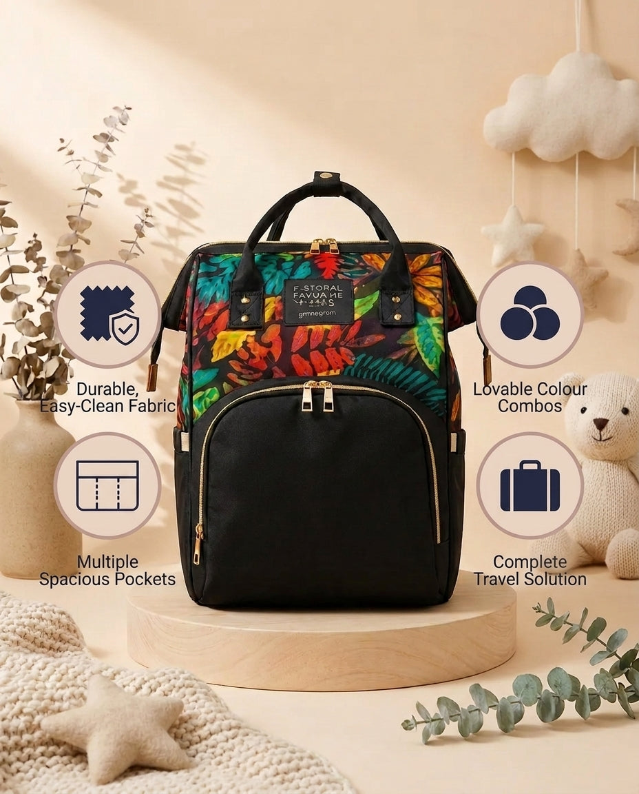 SafeKido Spacious Diaper Backpack in Black — wide-opening compartment with insulated bottle pockets — key features