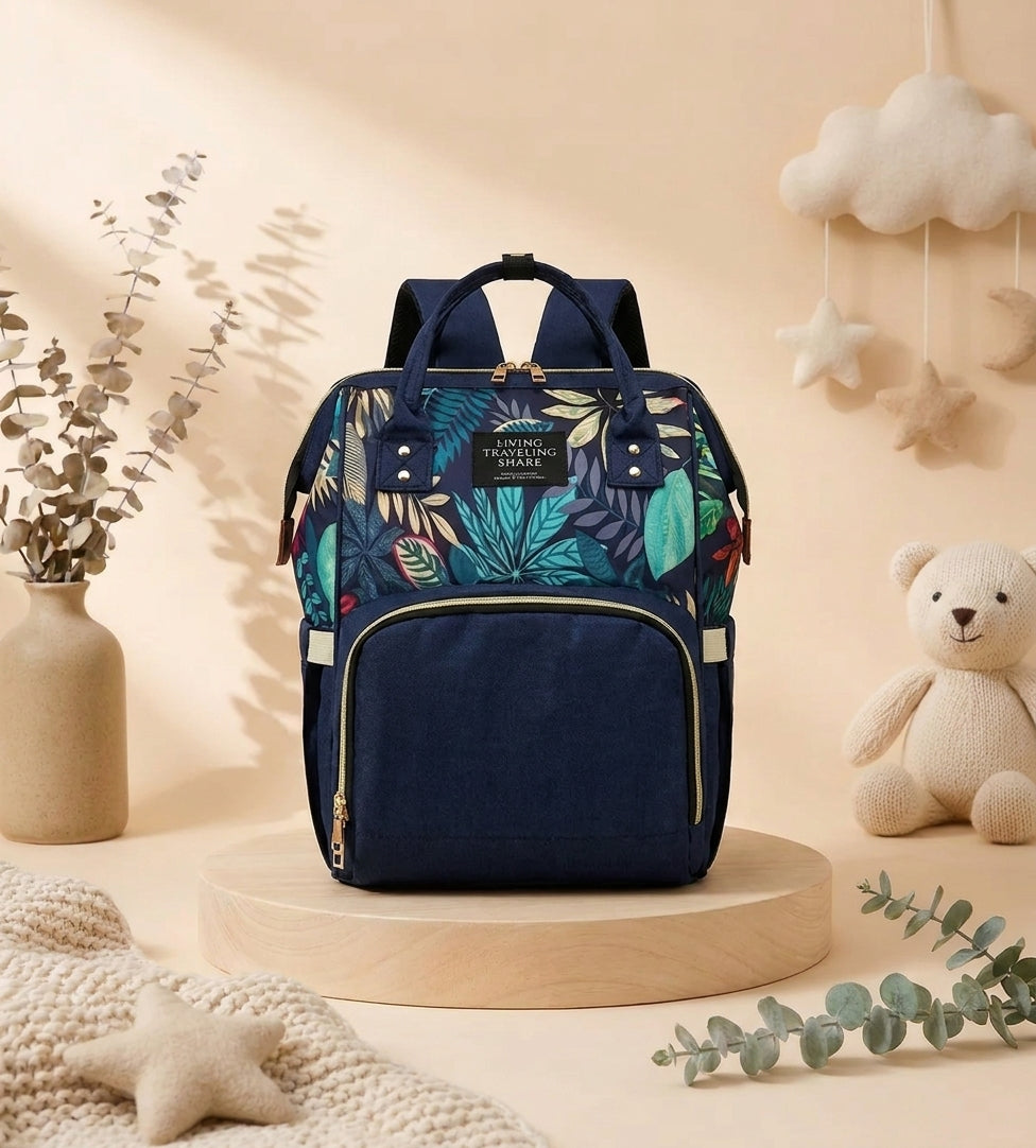 SafeKido Spacious Diaper Backpack in Navy — wide-opening compartment with insulated bottle pockets