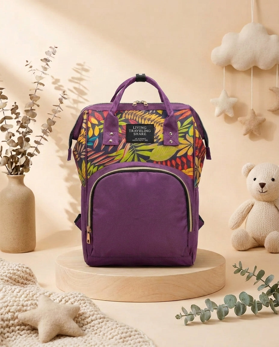 SafeKido Spacious Diaper Backpack in Purple — wide-opening compartment with insulated bottle pockets