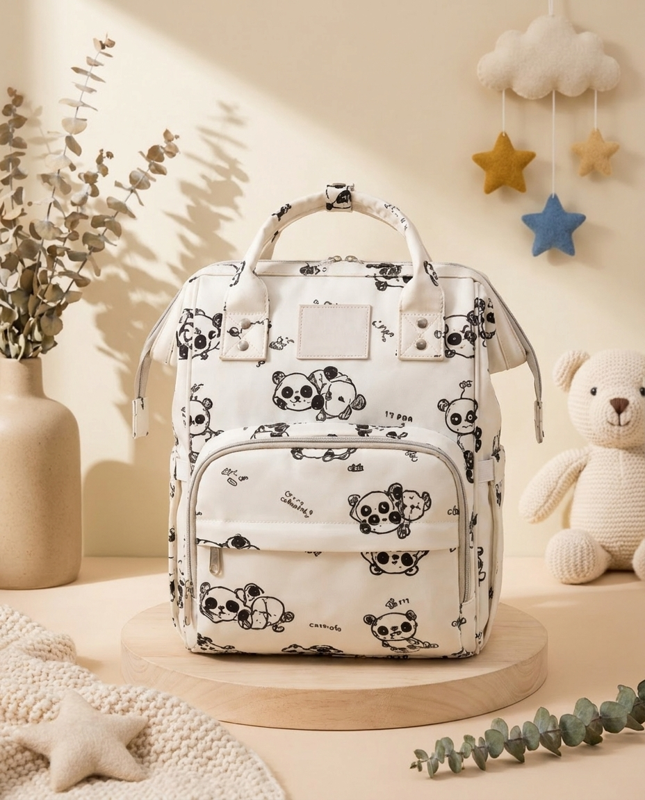 SafeKido Waterproof Diaper Backpack in White — wipe-clean waterproof shell, insulated bottle pockets