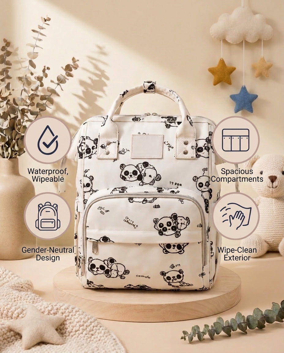 SafeKido Waterproof Diaper Backpack in White — wipe-clean waterproof shell, insulated bottle pockets — key features