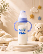 SafeKido Slim Borosilicate Glass Feeding Bottle in Blue — thermal-shock resistant borosilicate glass, 250 ml