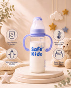 SafeKido Slim Borosilicate Glass Feeding Bottle in Blue — thermal-shock resistant borosilicate glass, 250 ml — key features