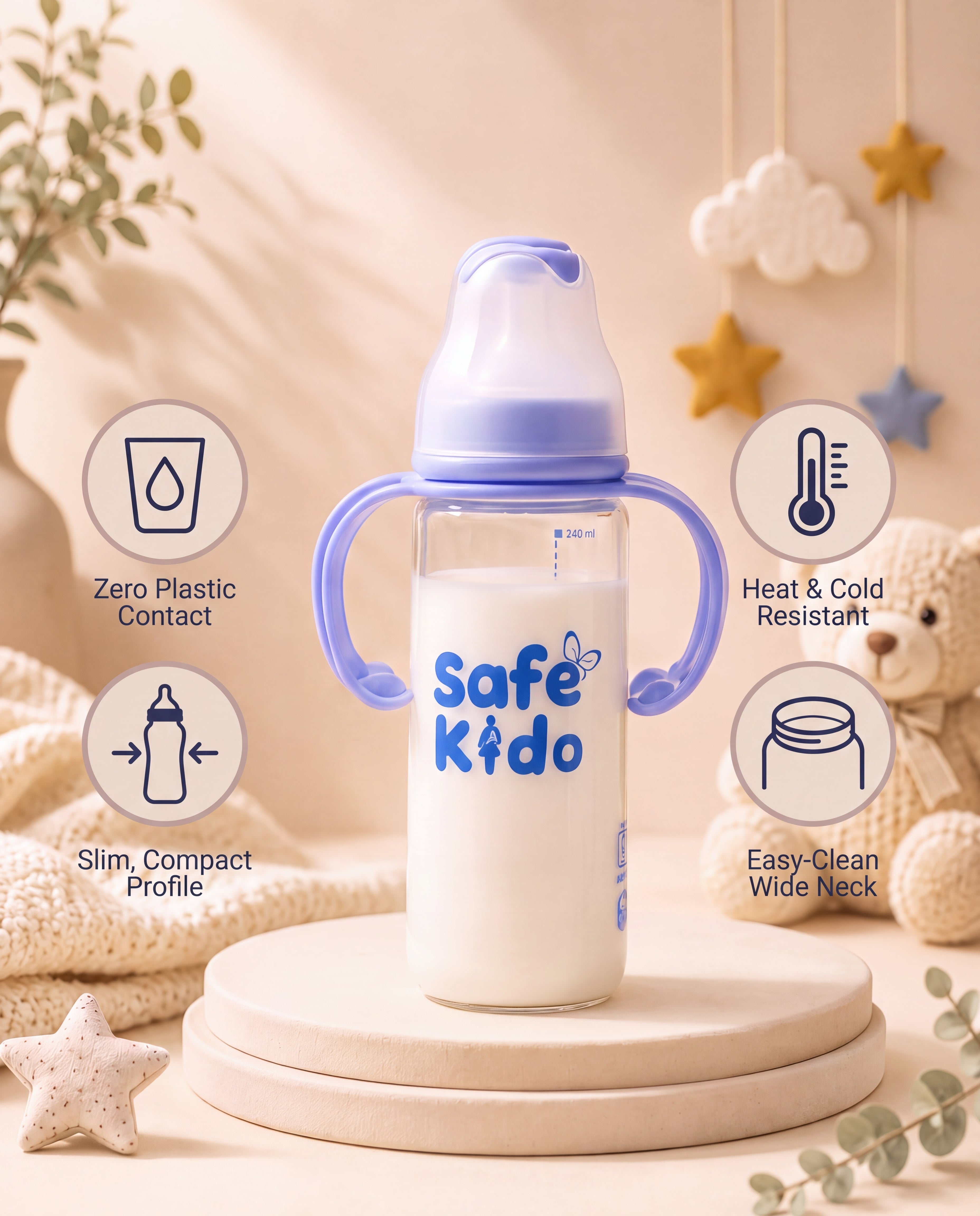 SafeKido Slim Borosilicate Glass Feeding Bottle in Blue — thermal-shock resistant borosilicate glass, 250 ml — key features