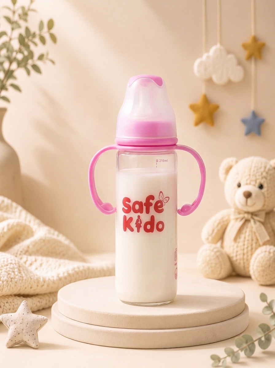 SafeKido Slim Borosilicate Glass Feeding Bottle in Pink — thermal-shock resistant borosilicate glass, 250 ml