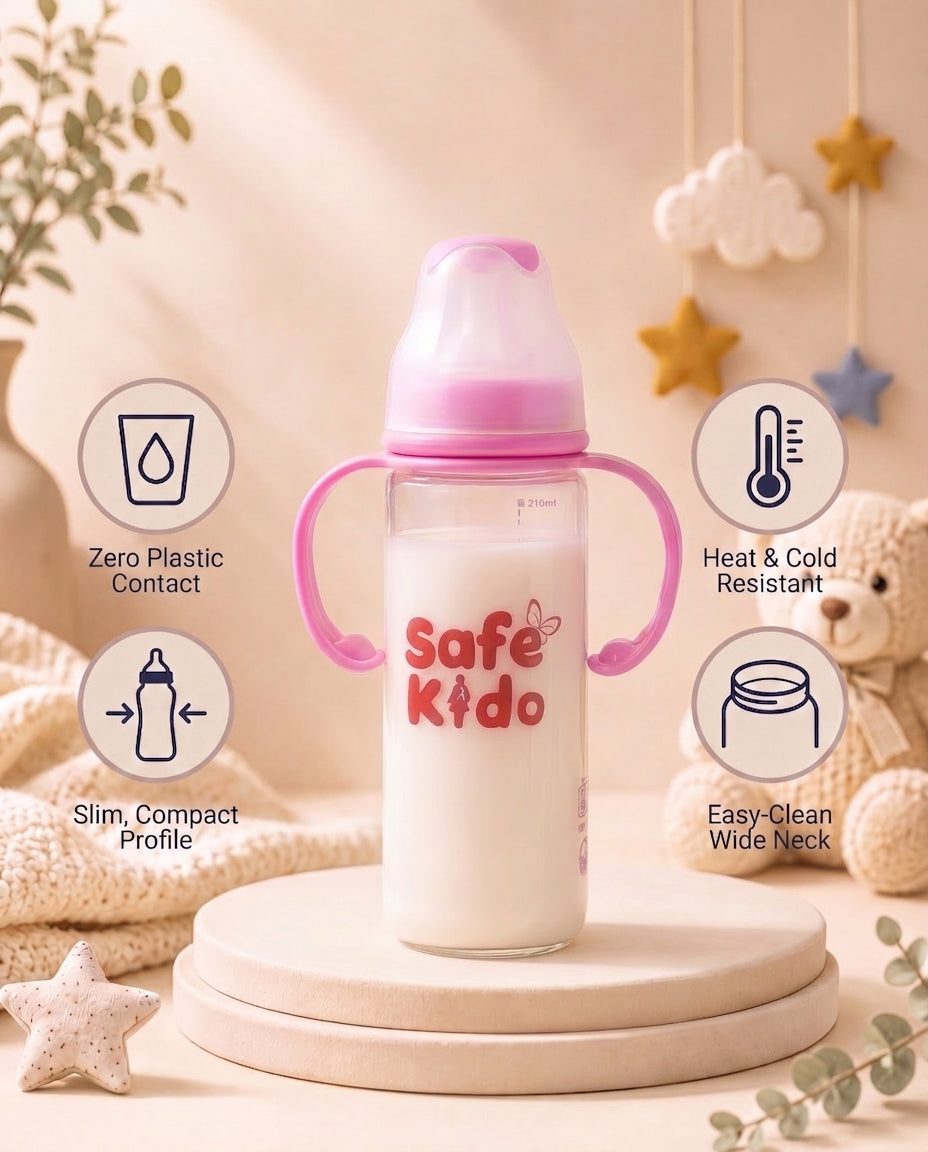 SafeKido Slim Borosilicate Glass Feeding Bottle in Pink — thermal-shock resistant borosilicate glass, 250 ml — key features