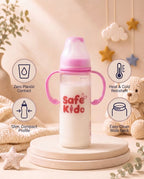 SafeKido Slim Borosilicate Glass Feeding Bottle in Pink — thermal-shock resistant borosilicate glass, 250 ml — key features