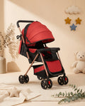 SafeKido Smooth-Ride Foldable Stroller in Red & Black — shock-absorbing wheels with a compact fold