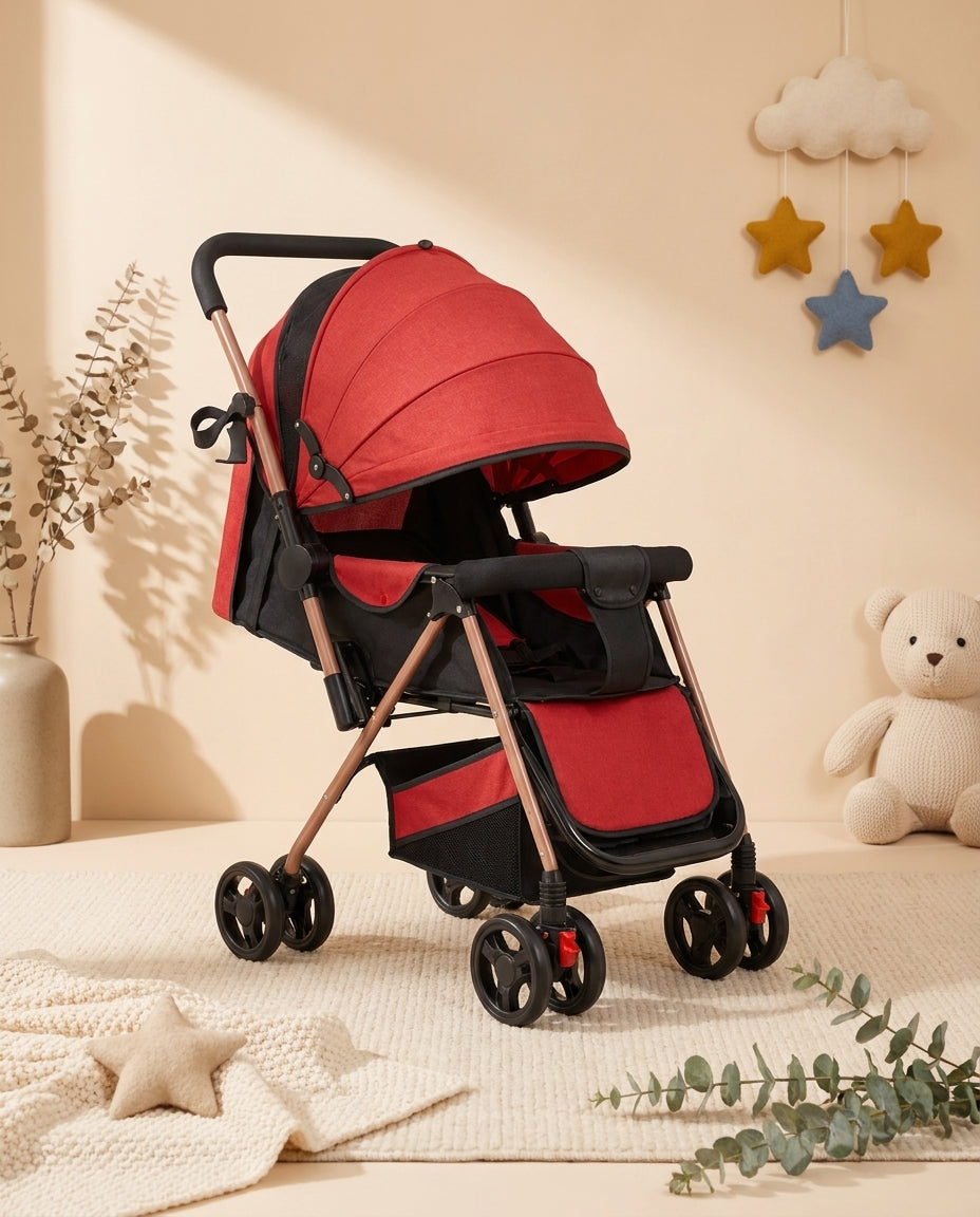 SafeKido Smooth-Ride Foldable Stroller in Red & Black — shock-absorbing wheels with a compact fold