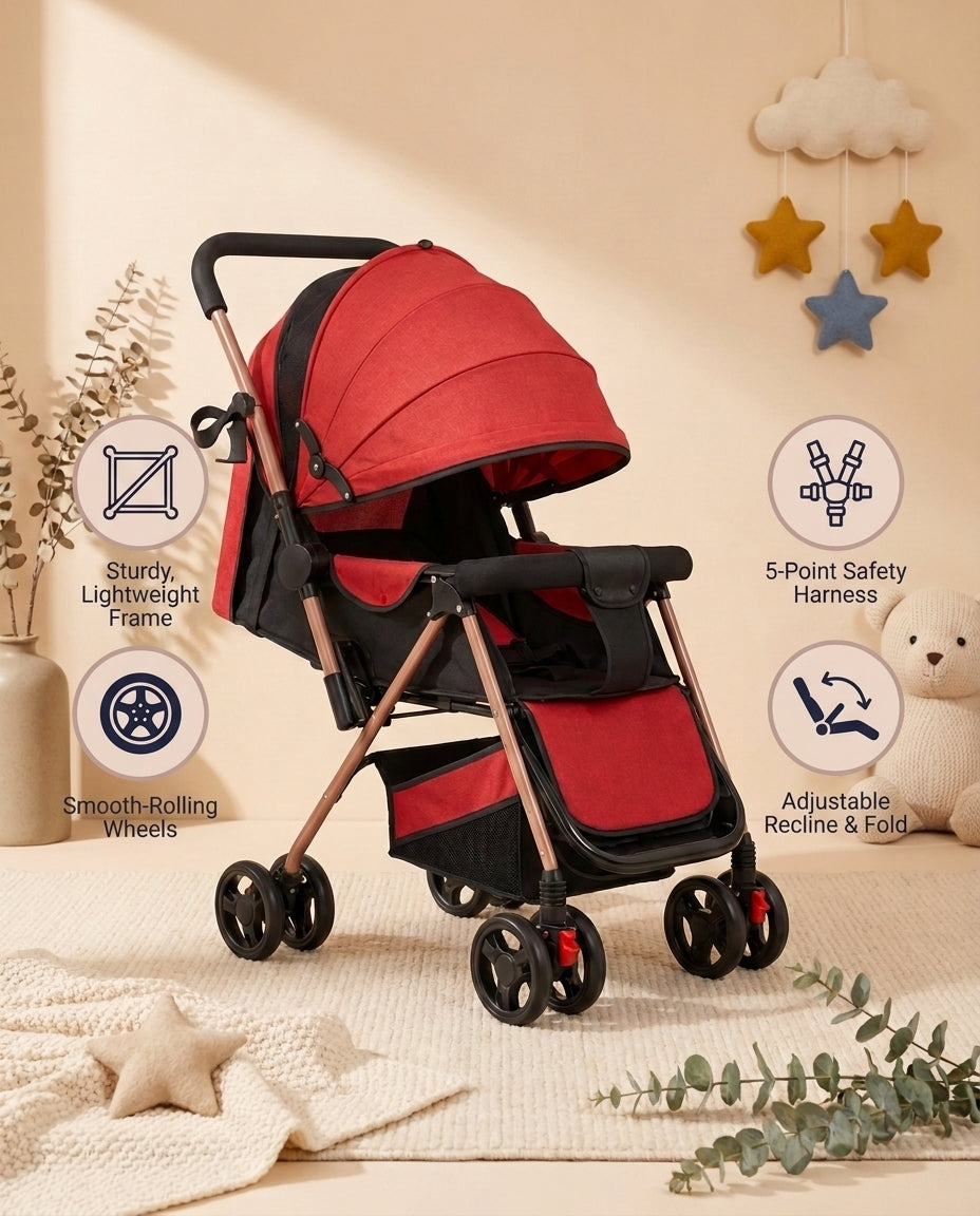 SafeKido Smooth-Ride Foldable Stroller in Red & Black — shock-absorbing wheels with a compact fold — key features