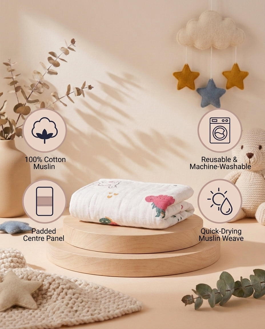 SafeKido Padded Muslin Nappy — 100% cotton muslin with a padded centre panel, reusable — key features