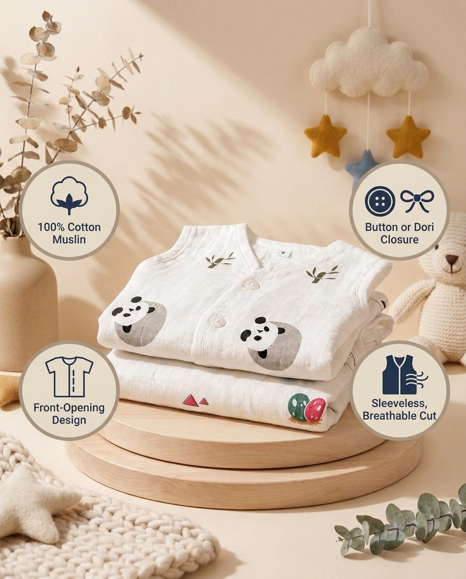 SafeKido Sleeveless Muslin Jabla in Button Closure — 100% cotton muslin with a front-opening design — key features