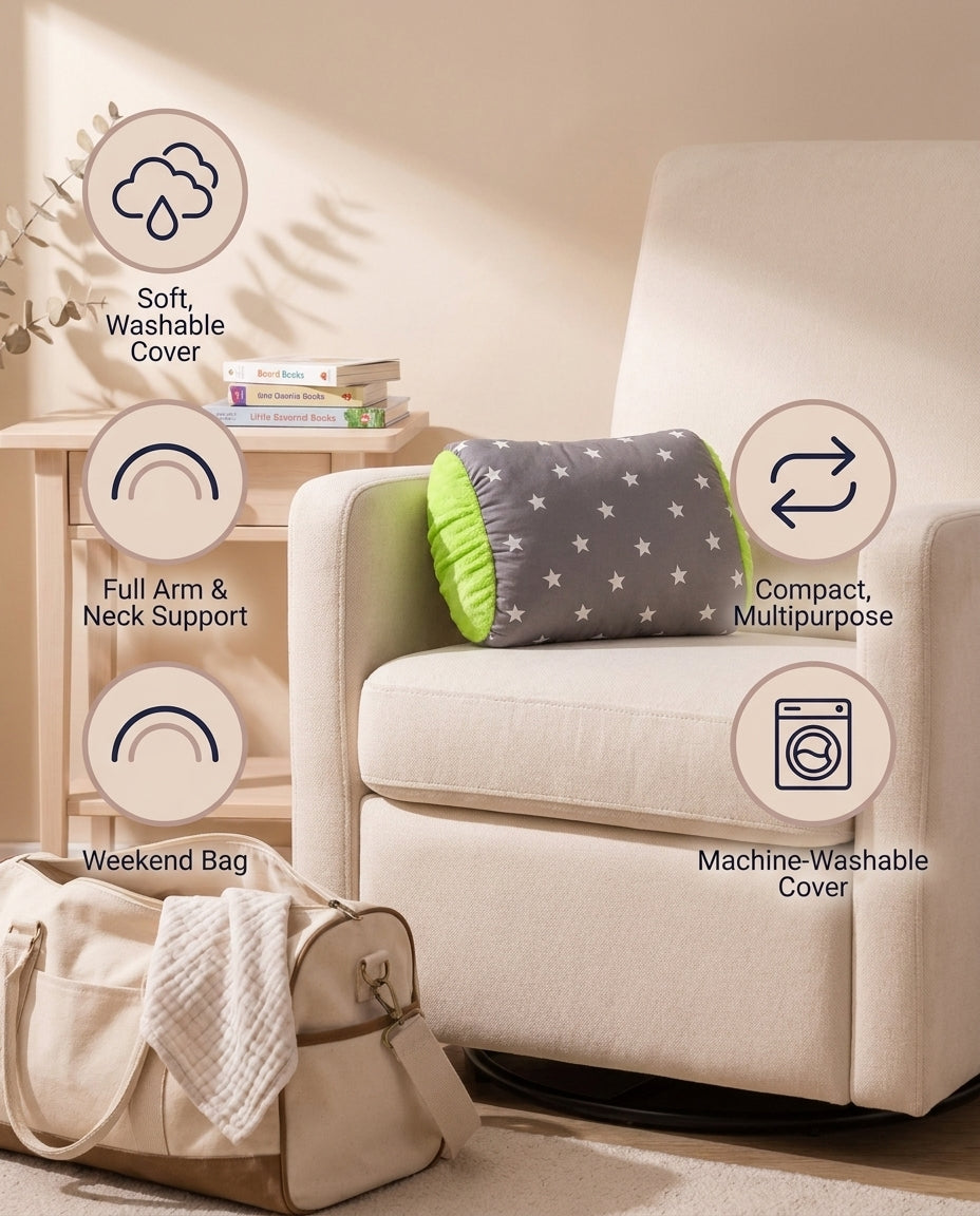 SafeKido Travel-Size Nursing Pillow in Gray — compact neck and arm support for feeding on the go — key features