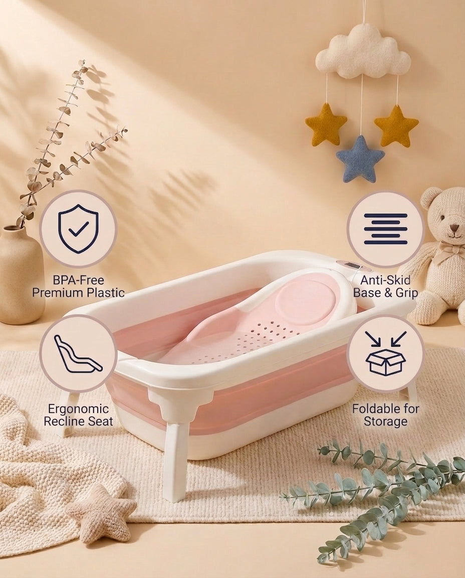 SafeKido AquaBuddy Ergonomic Bath Tub in Pink — ergonomic contour and moulded seat for supervised bathing — key features