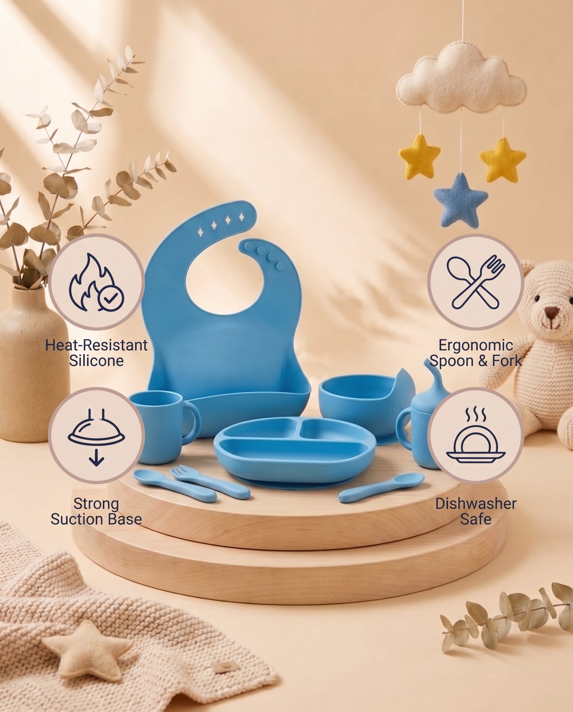 SafeKido Silicone Suction Feeding Set in Blue — BPA-free suction bowl, plate and spoon set — key features