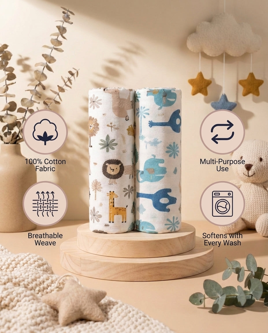 SafeKido Cotton Muslin Swaddle Sheets — breathable cotton muslin, set of 2 — key features