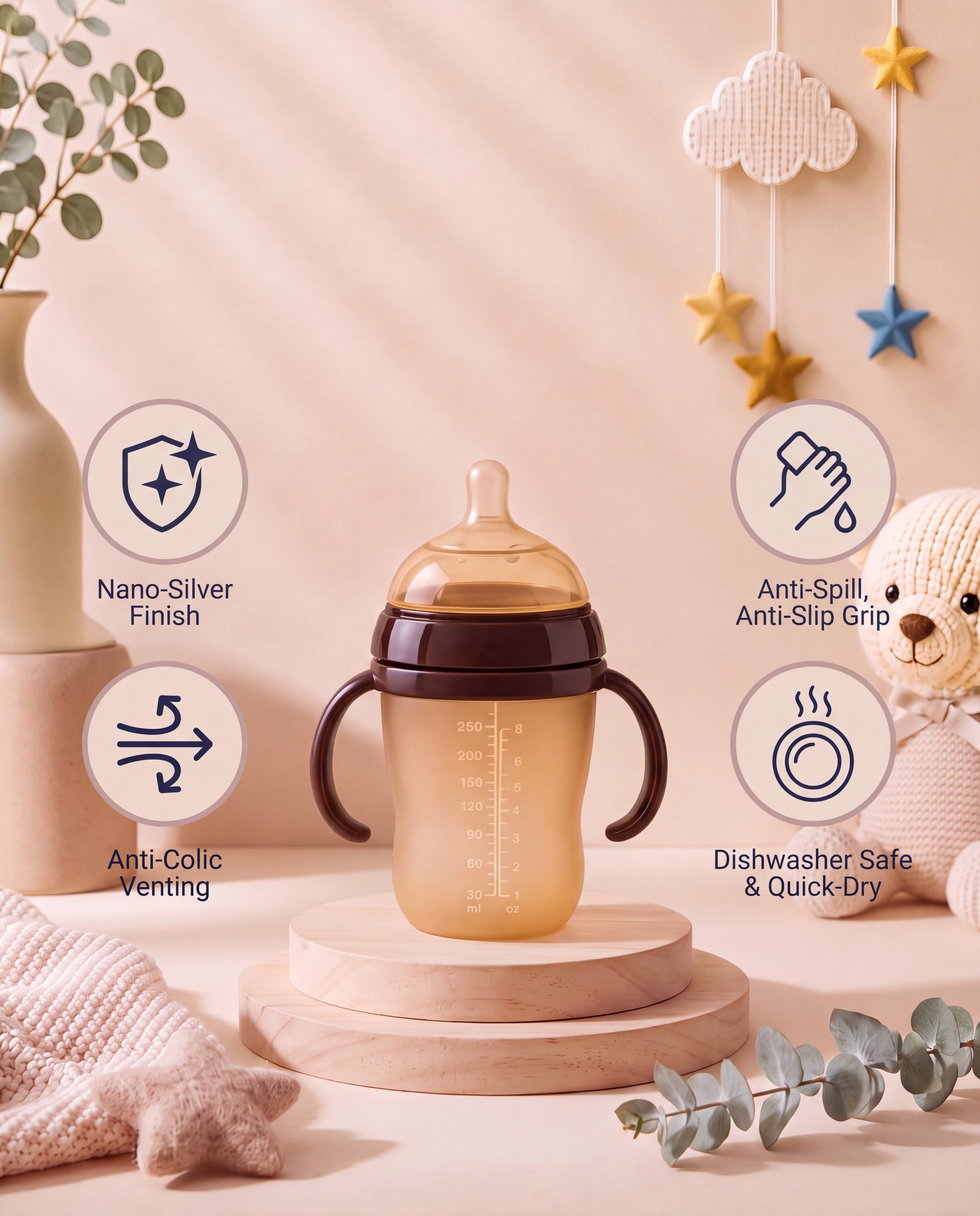 SafeKido Anti-Colic NanoSilver Feeding Bottle — anti-colic valve, easy-grip handles, nano-silver finished silicone — key features