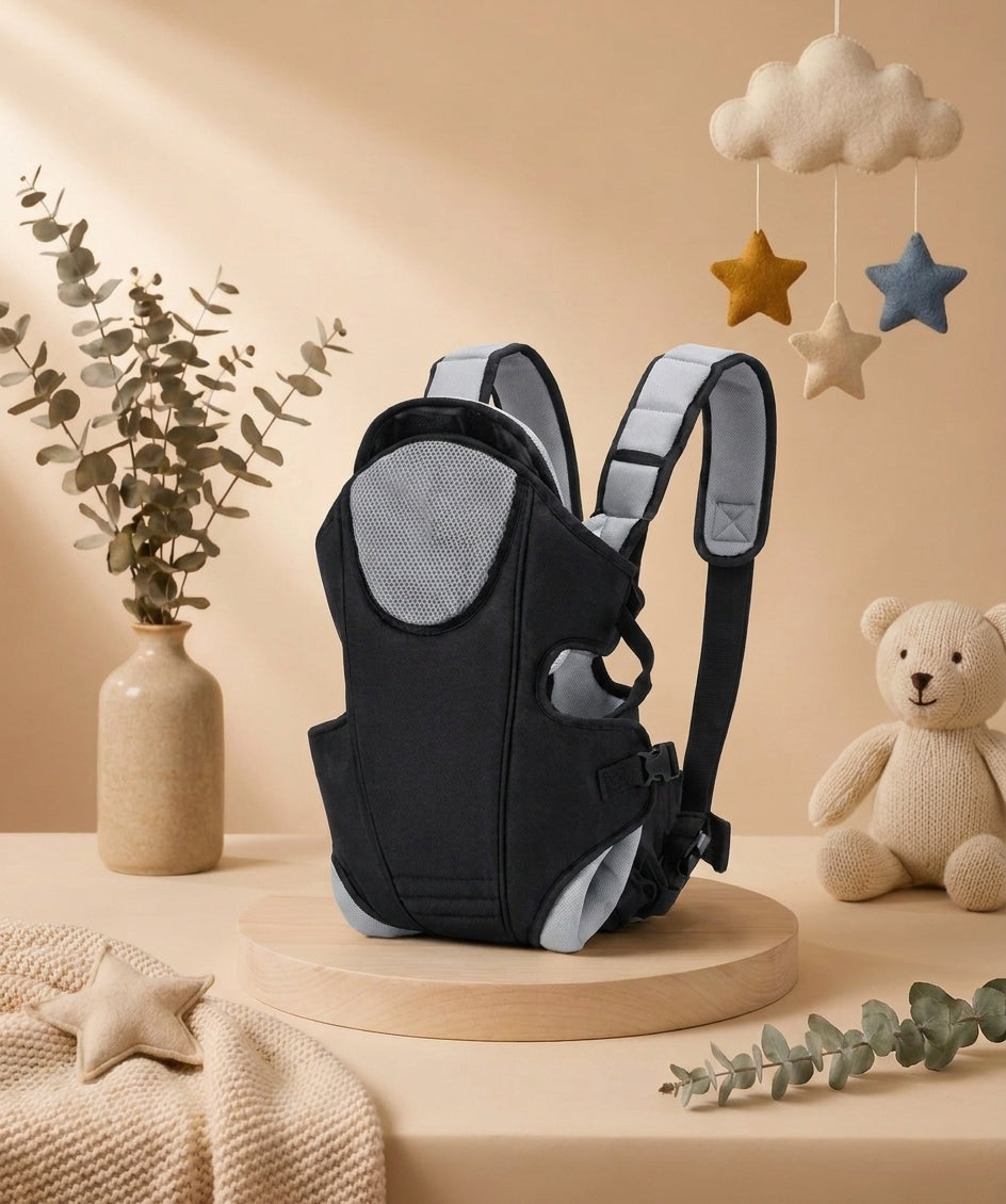 SafeKido Adjustable Baby Carrier in Black — breathable mesh panel with adjustable padded straps