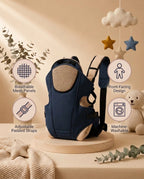 SafeKido Adjustable Baby Carrier in Blue — breathable mesh panel with adjustable padded straps — key features