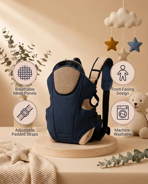 SafeKido Adjustable Baby Carrier in Blue — breathable mesh panel with adjustable padded straps — key features
