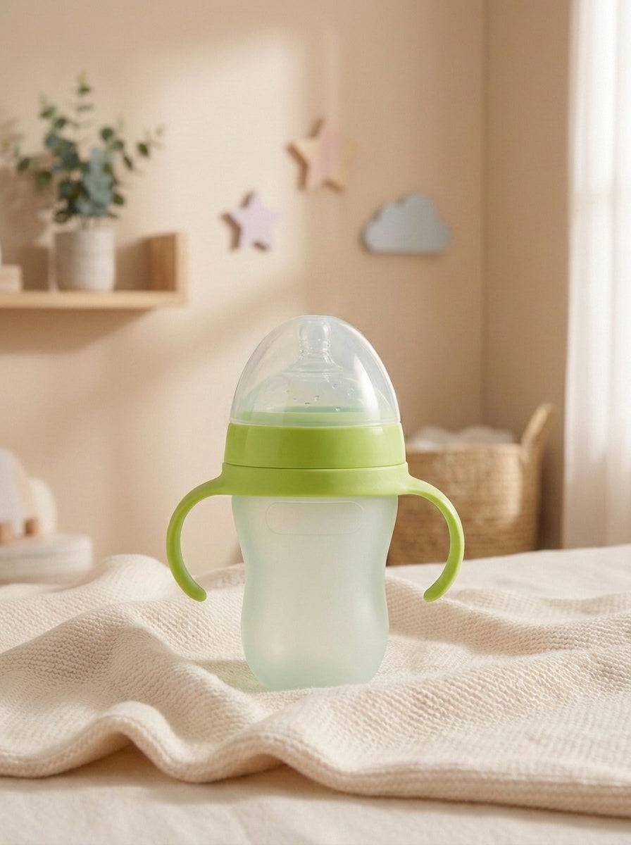 SafeKido Anti-Colic Transparent Silicone Bottle in Green — soft silicone with anti-colic valve and handles, 250 ml