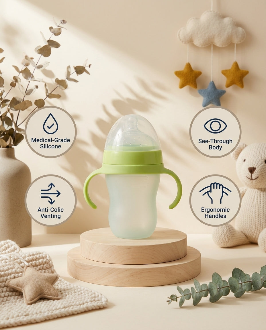 SafeKido Anti-Colic Transparent Silicone Bottle in Green — soft silicone with anti-colic valve and handles, 250 ml — key features