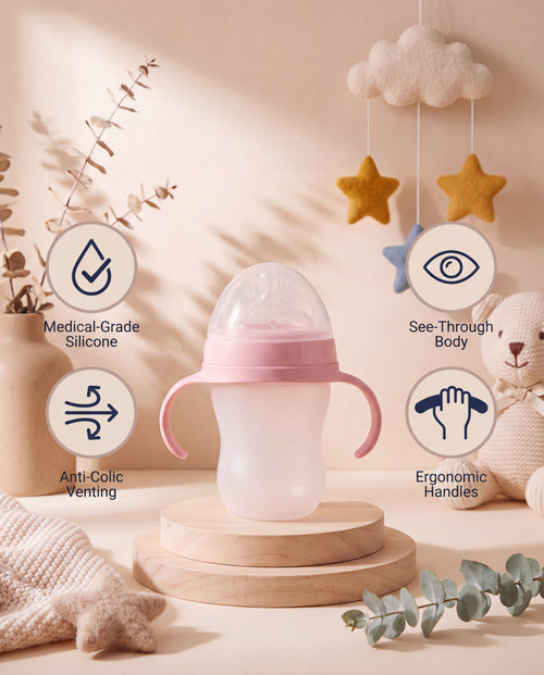 SafeKido Anti-Colic Transparent Silicone Bottle in Pink — soft silicone with anti-colic valve and handles, 250 ml — key features